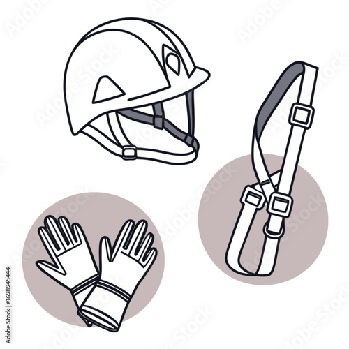 Safety Equipment: Helmet Gloves and Harness Illustration.
