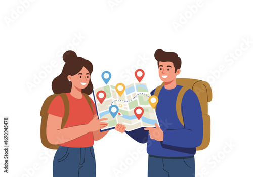 Happy travelers planning their adventure with a vibrant map, dreaming of exciting destinations and memorable experiences during their backpacking journey