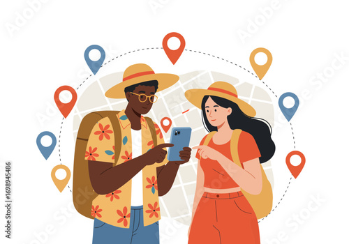Adventurous couple planning their travel route with a modern phone and map, pinpointing exciting destinations for an unforgettable vacation getaway