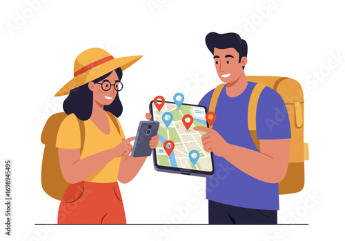 Happy travelers planning adventure with map and smartphone, exploring new destinations, embracing wanderlust, perfect for travel blogs and tourism marketing