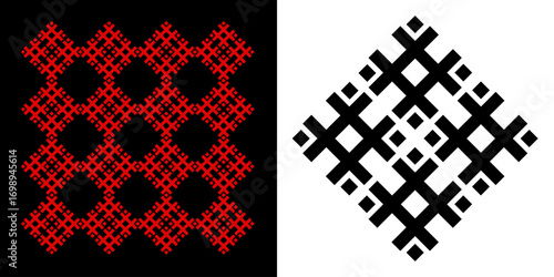 Geometric diamond patterns in red on black and black on white. Traditional folk art motif, Slavic embroidery inspired design