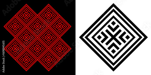 Intricate geometric cross-shaped patterns in red on black & black on white. Traditional folk art, Balkan and Eastern European inspired design element