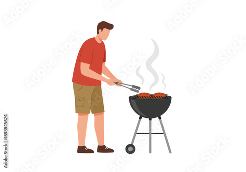 Enjoying Summer BBQ Fun A man grilling delicious food, savoring outdoor cooking, creating memories, perfect for lifestyle and family content.
