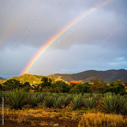 Rainbow over a landscape of agave plants
