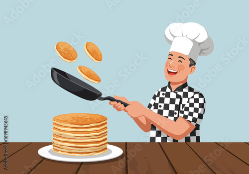 Delightful pancake stack with flipping chef creating breakfast magic, perfect for food blogs, restaurant menus, and family cooking tutorials, delicious!