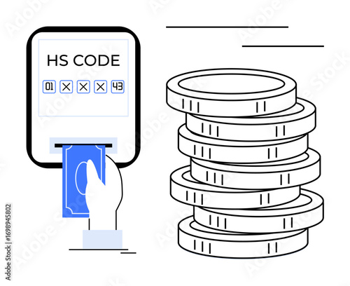 Hand entering banknote into machine displaying HS code, next to stacked coins. Ideal for trade, finance, e-commerce, import-export, compliance, taxation, global economy simple flat metaphor