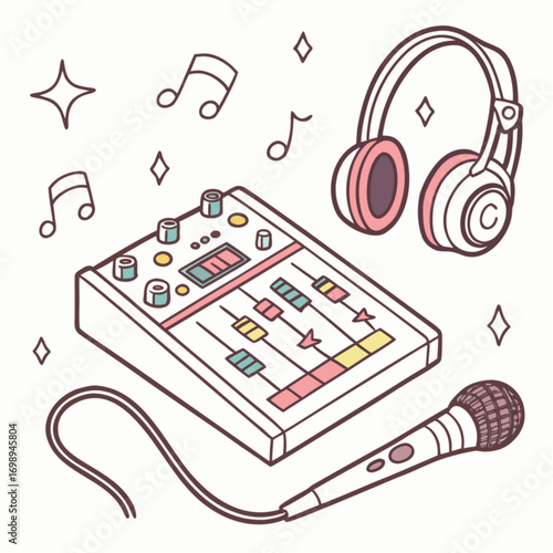 Pastel-Colored Audio Mixer with Microphone and Headphones.