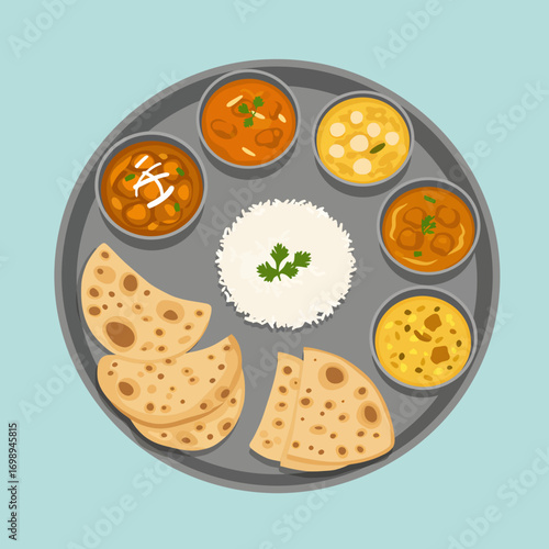 Delicious Indian Thali Meal with Rice, Curry, and Roti Flatbread, Perfect for Food Bloggers and Restaurant Menus, Showcasing Vibrant Flavors and Cultural Cuisine