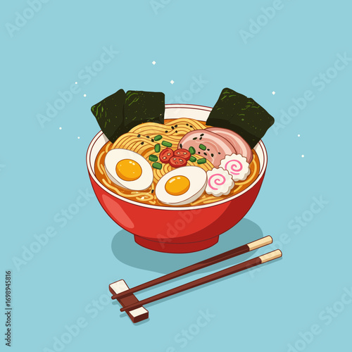 Delicious ramen bowl with eggs, pork, and seaweed, served with chopsticks, perfect for food blogs, restaurant menus and takeout promotions, vector art