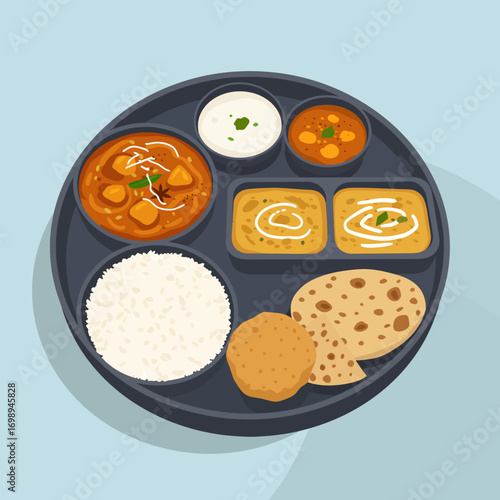 Authentic Indian thali meal with flavorful curries, rice, yogurt, and breads served on a traditional platter, offering a taste of India's culinary richness