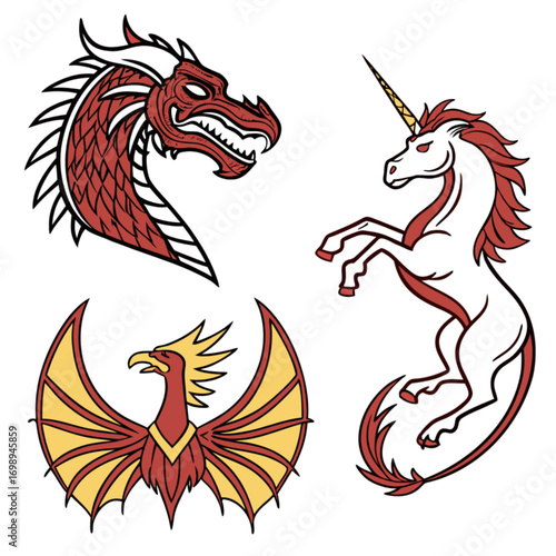 Stylized Mythical Creatures: Red Dragon Head Rearing Unicorn Golden Phoenix Vector Illustrations.