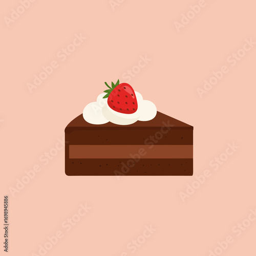 Indulge in deliciousness with a slice of rich chocolate cake topped with fresh strawberry and whipped cream, perfect for dessert menus and sweet treats