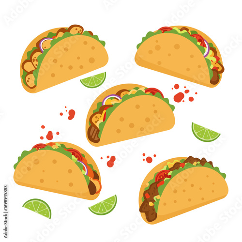 Delicious taco fiesta! Vibrant, fresh tacos with lime slices, perfect for Mexican food lovers, restaurant promotions, and tasty food illustrations originally a vector