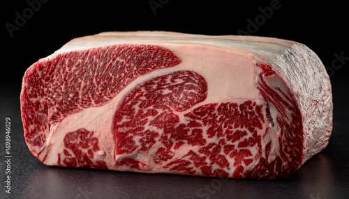 close up of a raw dry aged wagyu porterhouse beef block with marbled red and white textures on a dark surface against a black background