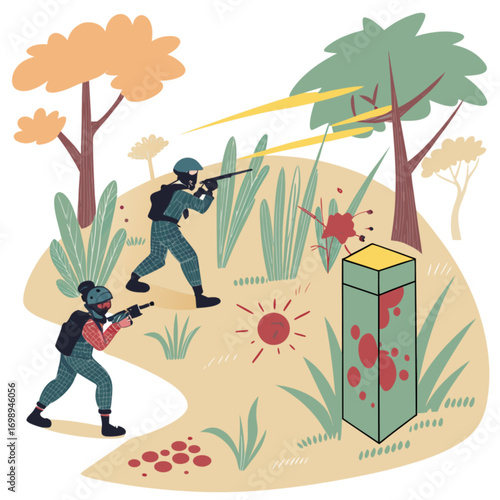 Flat vector illustration of two players in tactical gear and helmets playing an outdoor laser tag game.
