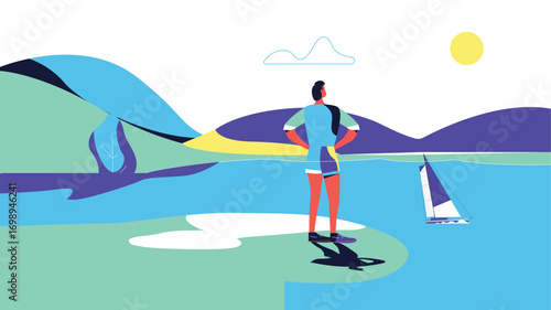 Man Gazing at Sailboat on Serene Lake Landscape