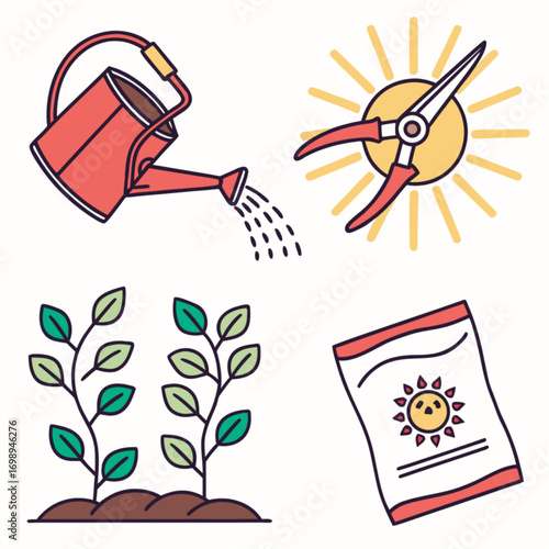 Gardening Tools and Plants: Watering Can Pruning Shears Seed Packet and Seedlings.