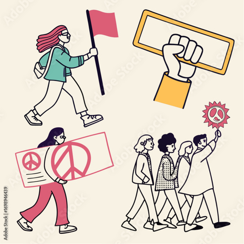 Hand-drawn protest illustrations: diverse people marching with flags peace signs and blank placards.