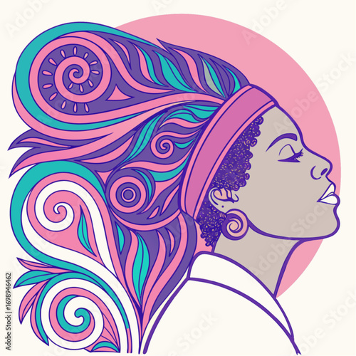 A serene woman of color in profile with elaborate flowing hair in pink purple and teal swirls.