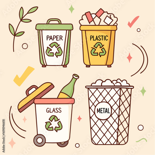 Four Colorful Recycling Bins for Paper Plastic Glass and Metal.