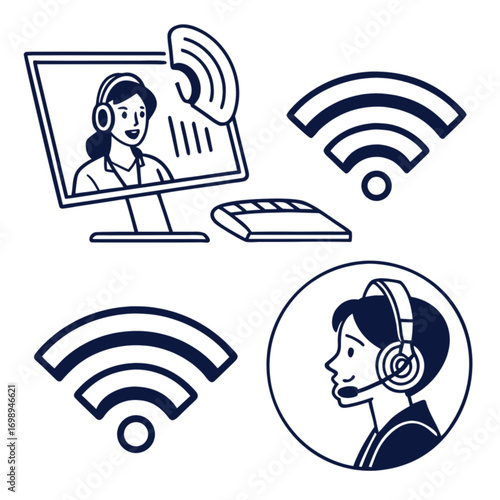 A set of dark blue line art icons for online communication featuring call center agents with headsets and wireless Wi-Fi symbols.