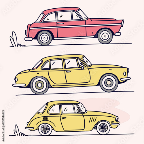 A collection of hand-drawn classic cars in a retro sketch style featuring red and yellow vintage sedans and a compact automobile.