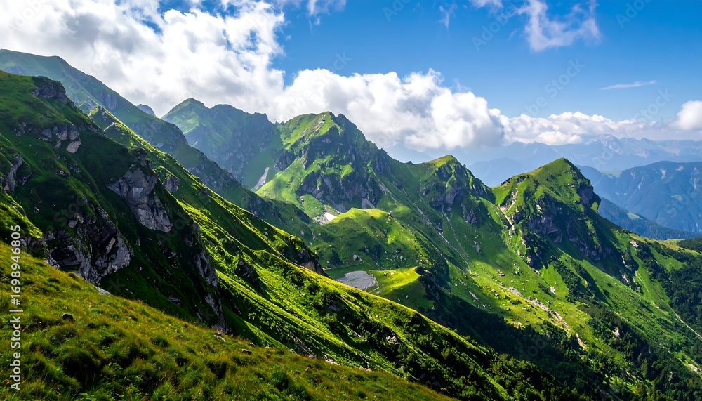 Obraz premium Lush mountain range under a blue sky
