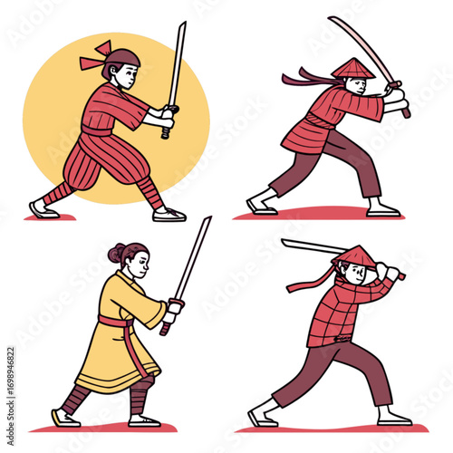 Cartoon Illustrations of Samurai Warriors in Various Dynamic Poses with Swords.