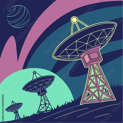 Illustrated Radio Telescopes Array with Planet Retro Sci-Fi Style.