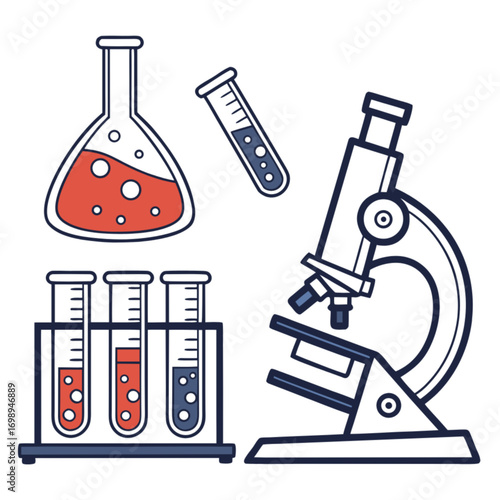 Vector illustration of scientific laboratory equipment: microscope flask test tubes with colorful liquids.