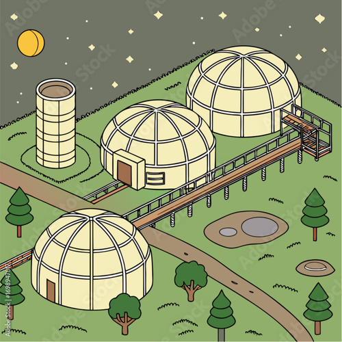 Isometric illustration of a futuristic dome complex with walkways and trees under a starry night.