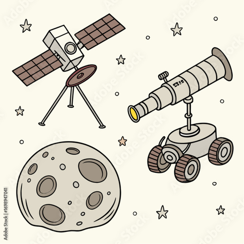 A charming hand-drawn doodle set of space exploration icons: a satellite a cratered moon and a telescope rover all in a cute cartoon style.