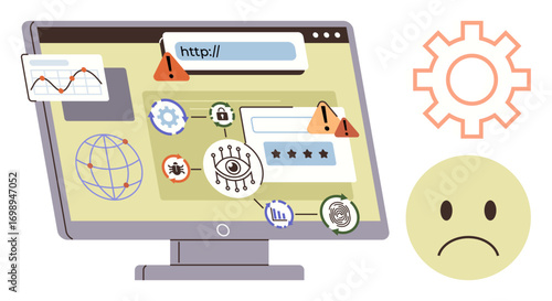 Computer screen with warning icons, bugs, and viruses highlighting internet risks. Ideal for online safety, cybersecurity, threat analysis, data protection, IT issues, hacking awareness simple flat