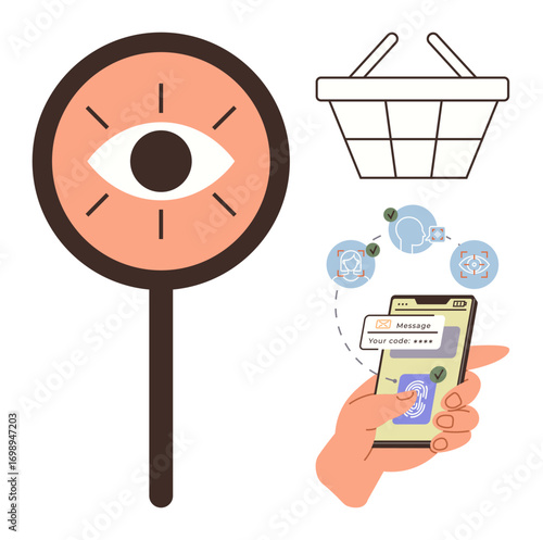 Eye inside magnifier, shopping basket, hand using fingerprint on phone, abstract data icons. Ideal for online security, e-commerce, data analysis, digital marketing, customer behavior identity