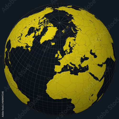 Guernsey on Globe. Country view on the world map in Charcoal Bright Yellow color palette. Guernsey shape on map. Globe with meridians, parallels, countries, rivers and lakes.