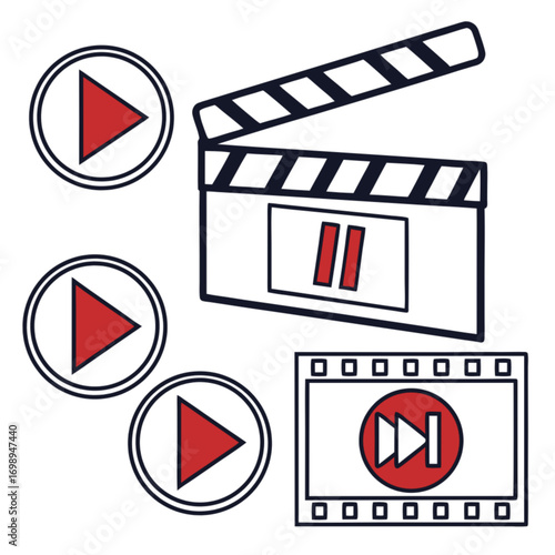 Outline video player icons set featuring clapperboard film strip and red play buttons.