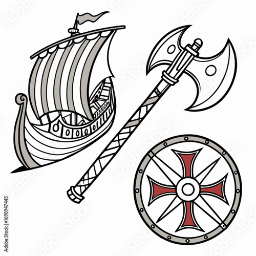 Historical warrior illustration set featuring a Viking longship a double-bitted battle axe and a round shield with a red cross.