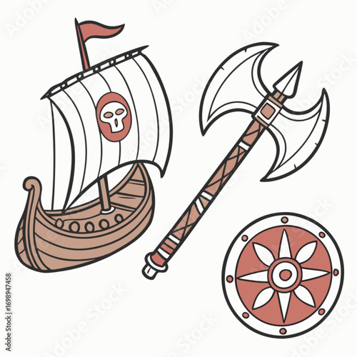 Viking Longship Double-Headed Axe and Shield: Hand-Drawn Illustration.