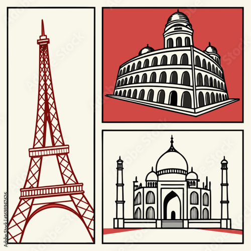 Stylized Red Outline of the Iconic Eiffel Tower in Paris France.
