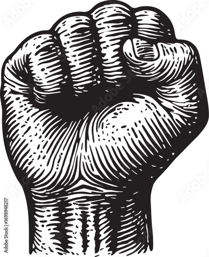 Linocut etching style illustration of a raised clenched fist hand symbol in black and white vector retro engraving