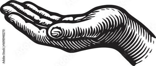 Black and white linocut etching illustration of a hand holding a pen writing gesture engraving retro vector