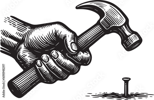 Black and white linocut etching illustration of a hand holding hammer driving nail carpenter tool retro engraving