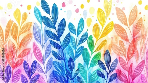 Colorful watercolor abstract botanical leaves illustration. Vibrant decorative foliage with patterns, stems, dots, and gradients. Nature art, multicolored design, elegant background, cheerful