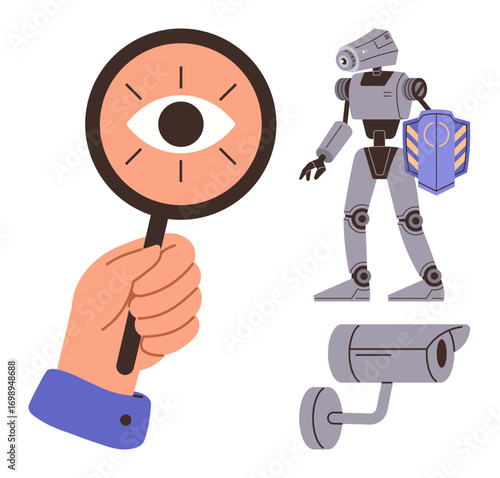 Eye inside magnifying glass, humanoid robot with shield, surveillance camera. Ideal for tech innovation, cyber safety, AI ethics, privacy issues, robotics surveillance futuristic concepts. Simple