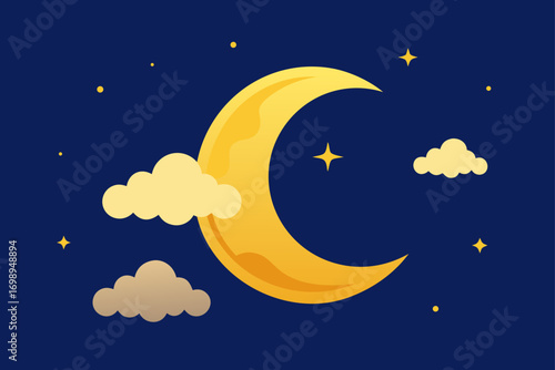 A cute cartoon moon with a sleeping star surrounded by dark blue clouds in the night sky