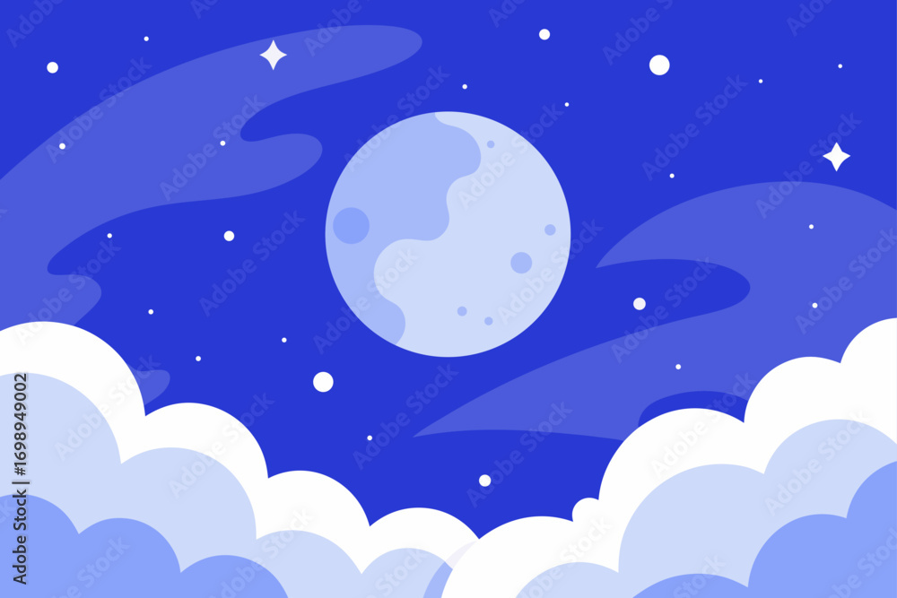 Fototapeta premium Moon, stars, and clouds illuminate the tranquil night sky, creating a breathtaking celestial landscape