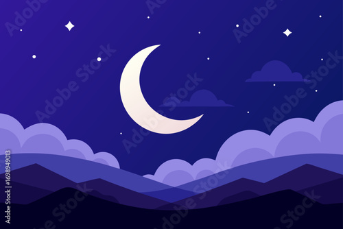 A beautiful celestial fantasy of a crescent moon and twinkling stars in a dark blue, cloudy night sky