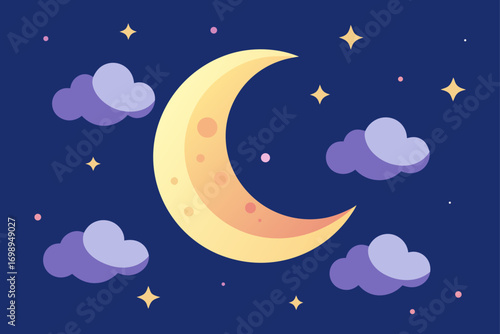 A seamless vector illustration of a dark night sky with a sleeping cartoon moon and stars