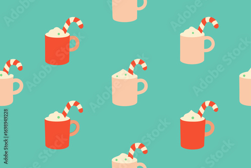 Seamless pattern with Christmas presents and gift boxes, vector illustration of cups and milk with cartoon fruit icons for a festive breakfast