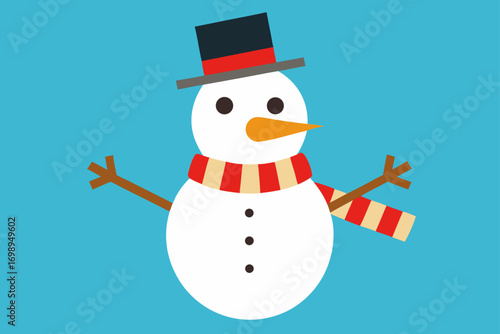 A happy cartoon snowman wearing a red hat and scarf holds a gift and stands next to a Christmas tree in a snowy winter wonderland illustration